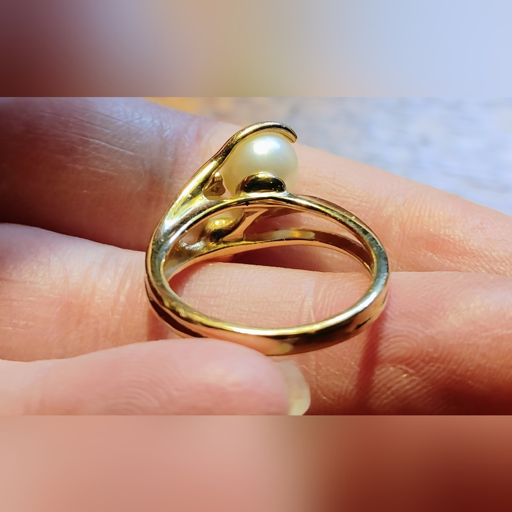 💍Y2K Pearl & Diamond 14K Gold "Toi-et-moi" (You & Me♥️) Bypass Ring 6.25 - Picture 4 of 6
